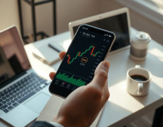 Smartphone showing ENA token trading chart with green candlestick pattern