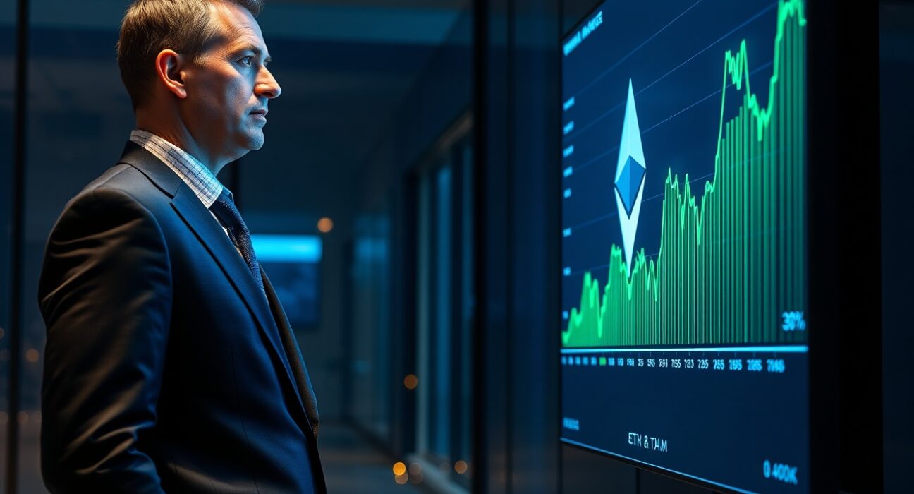Arthur Hayes looking at an Ethereum price chart on a screen in a modern office