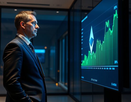 Arthur Hayes looking at an Ethereum price chart on a screen in a modern office