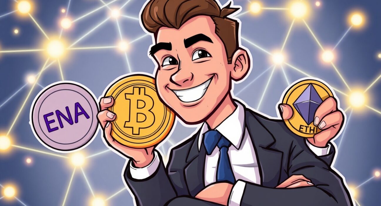 Arthur Hayes crypto investment in ENA, PENDLE, and ETHFI tokens depicted in a vibrant cartoon style