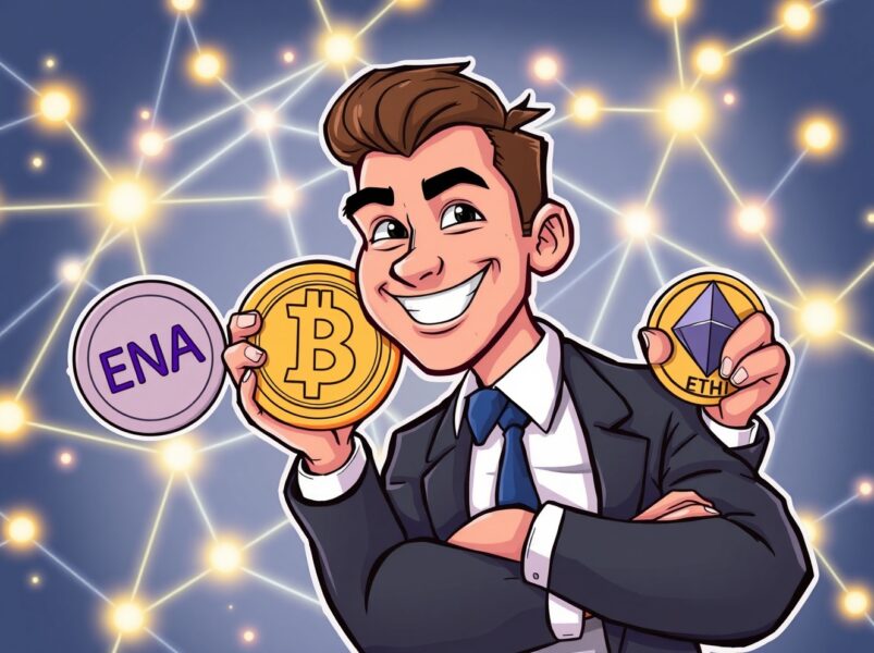 Arthur Hayes crypto investment in ENA, PENDLE, and ETHFI tokens depicted in a vibrant cartoon style
