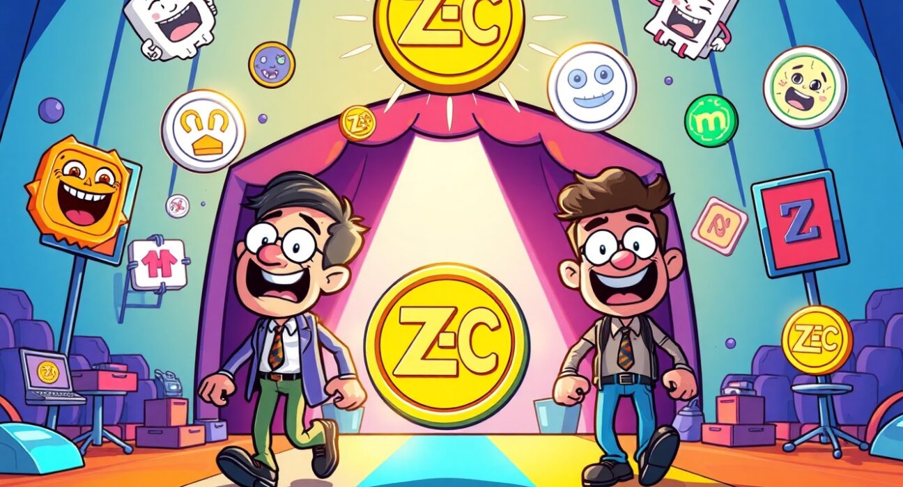 Arthur Hayes crypto meme contest featuring cartoon figures in a lively scene with ZEC prize