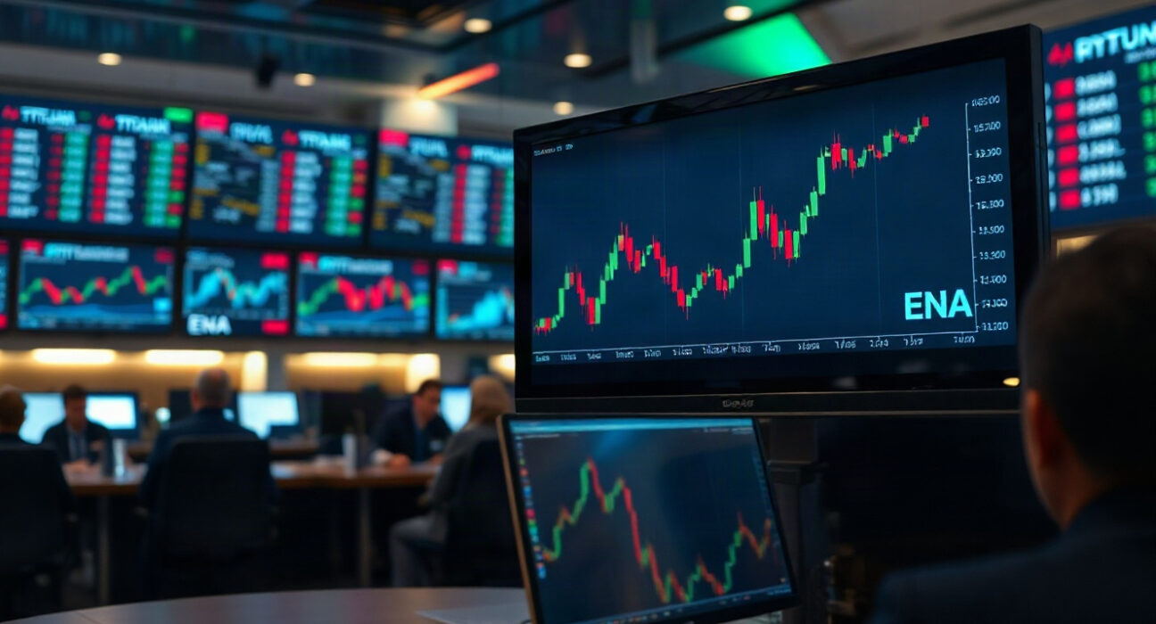 Trading screens showing crypto charts with ENA ticker and upward trend