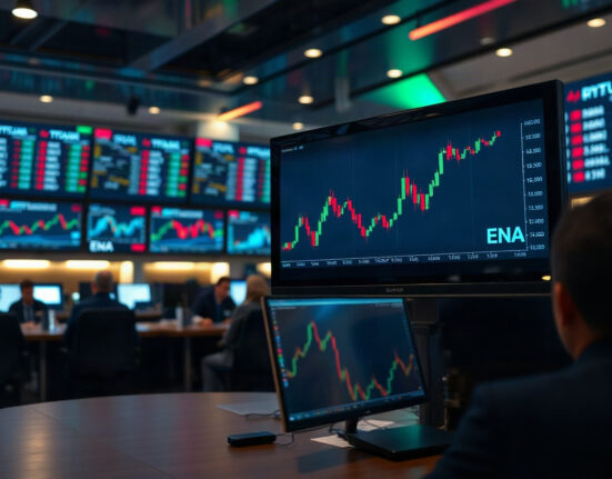 Trading screens showing crypto charts with ENA ticker and upward trend