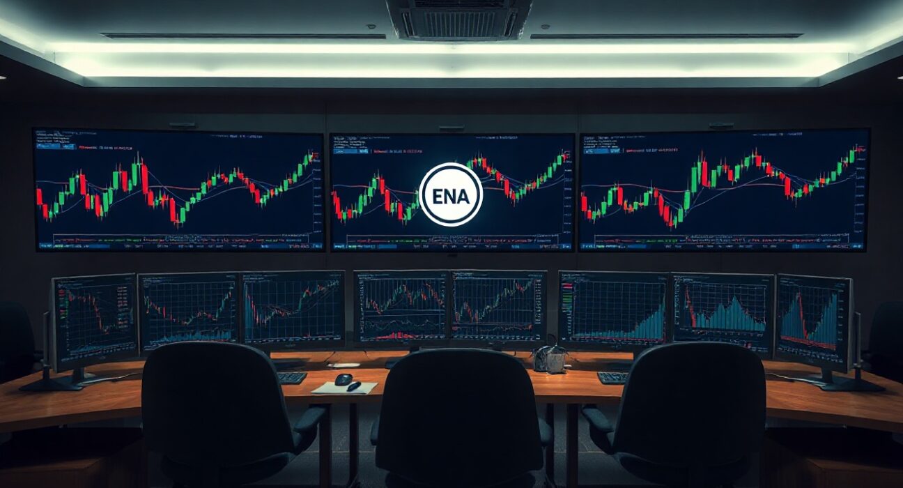 Arthur Hayes trading desk with ENA token charts on monitors
