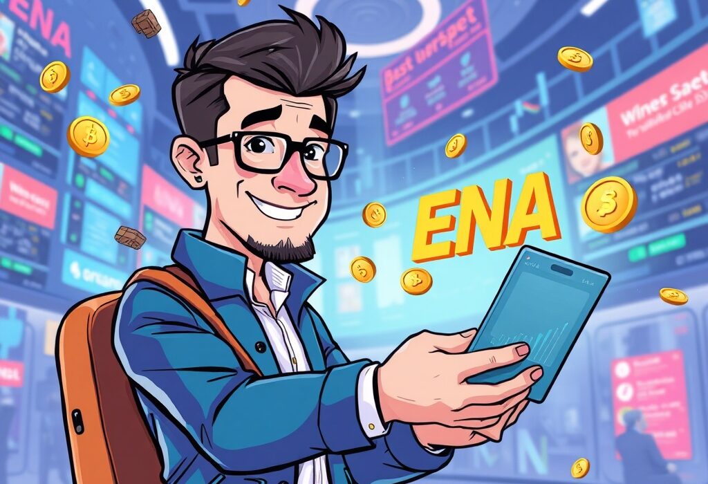 Cartoon illustration of Arthur Hayes completing a significant ENA purchase, symbolizing a major crypto market move.