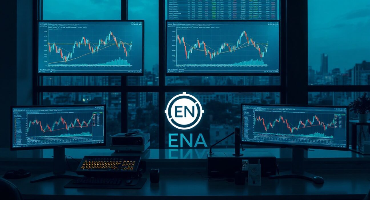 Arthur Hayes ENA purchase: trading desk with crypto charts and ENA token logo on monitor