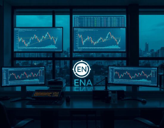 Arthur Hayes ENA purchase: trading desk with crypto charts and ENA token logo on monitor