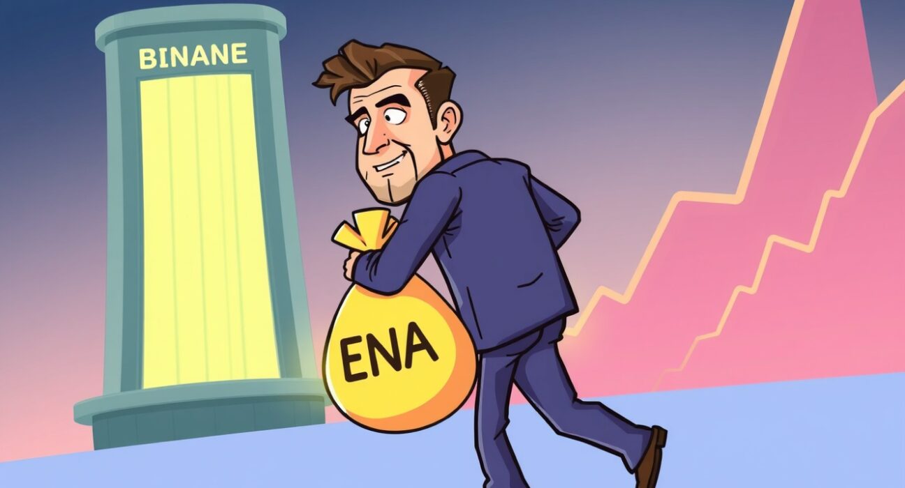 Cartoon illustration of Arthur Hayes making a strategic ENA withdrawal from a crypto exchange, signaling long-term holding.