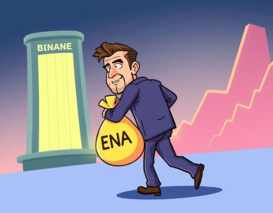 Cartoon illustration of Arthur Hayes making a strategic ENA withdrawal from a crypto exchange, signaling long-term holding.