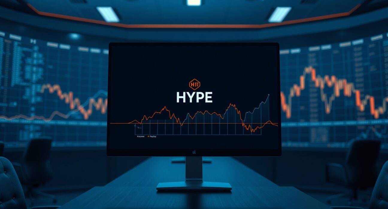 Digital trading interface with Hyperliquid branding and network nodes in a modern newsroom setting