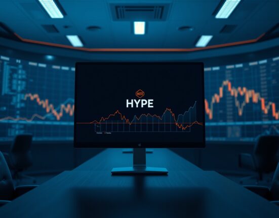 Digital trading interface with Hyperliquid branding and network nodes in a modern newsroom setting