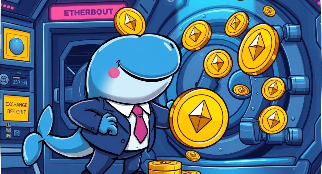 Cartoon illustration of a crypto whale making a major Arthur Hayes ETH deposit to an exchange.