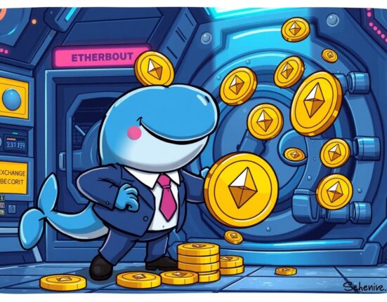 Cartoon illustration of a crypto whale making a major Arthur Hayes ETH deposit to an exchange.