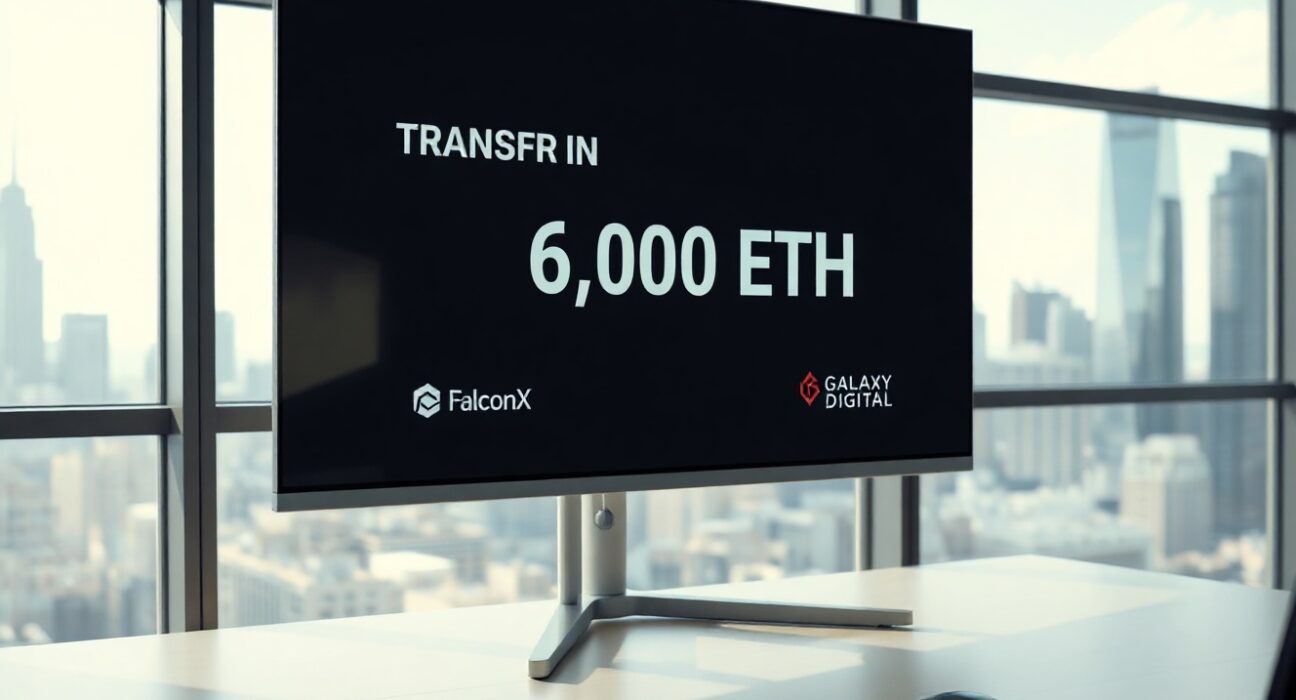 Blockchain transaction screen showing 6,000 ETH transfer with FalconX and Galaxy Digital logos in a professional office setting.