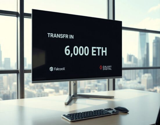 Blockchain transaction screen showing 6,000 ETH transfer with FalconX and Galaxy Digital logos in a professional office setting.