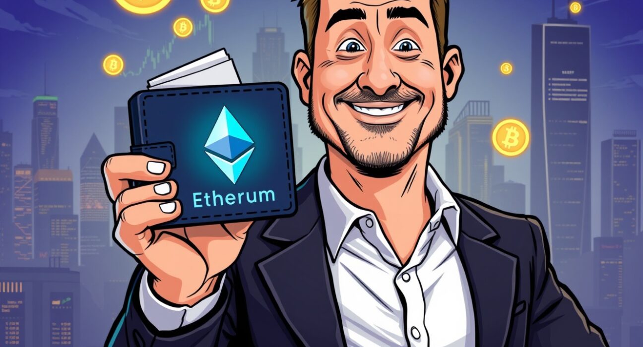 A cartoon illustration of Arthur Hayes making a significant Arthur Hayes ETH purchase on a crypto exchange.