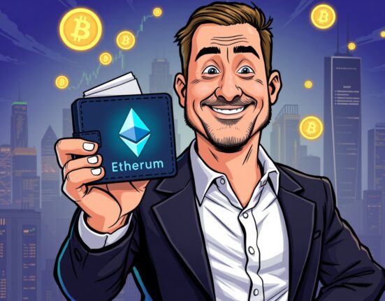 A cartoon illustration of Arthur Hayes making a significant Arthur Hayes ETH purchase on a crypto exchange.