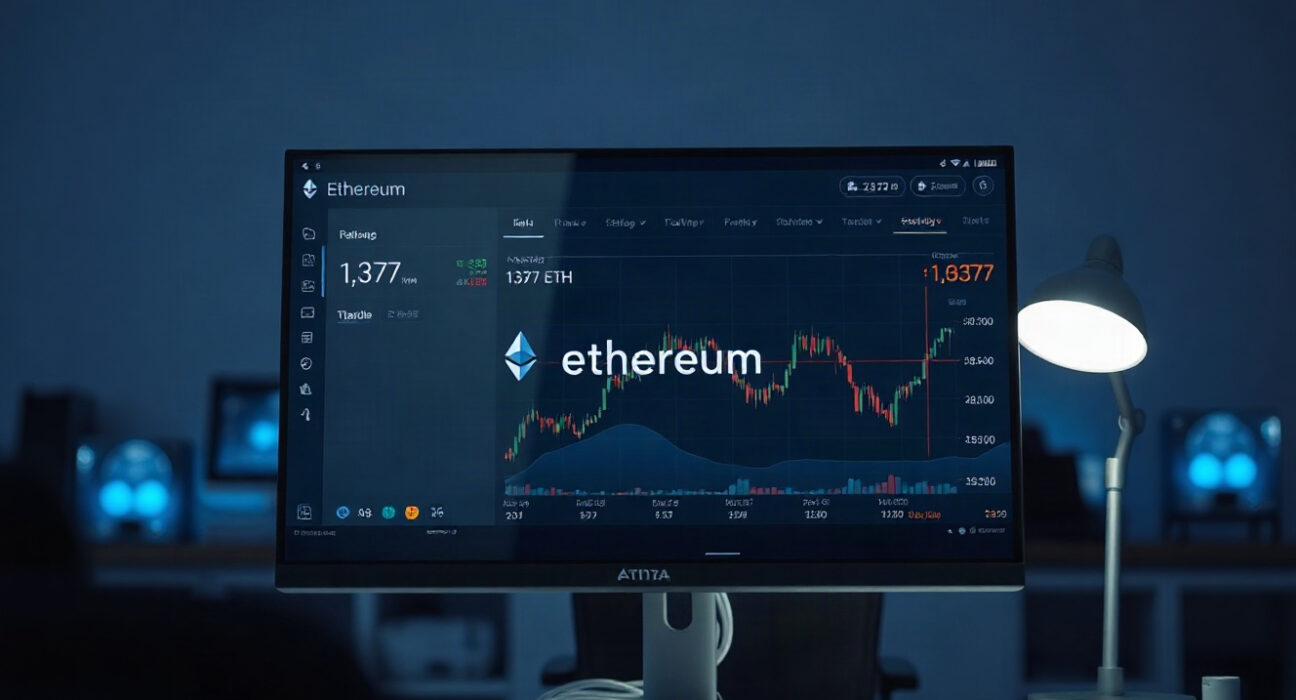 Cryptocurrency trading dashboard with Ethereum charts and wallet interface on a monitor in a dark office.