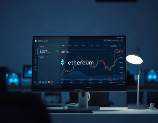Cryptocurrency trading dashboard with Ethereum charts and wallet interface on a monitor in a dark office.
