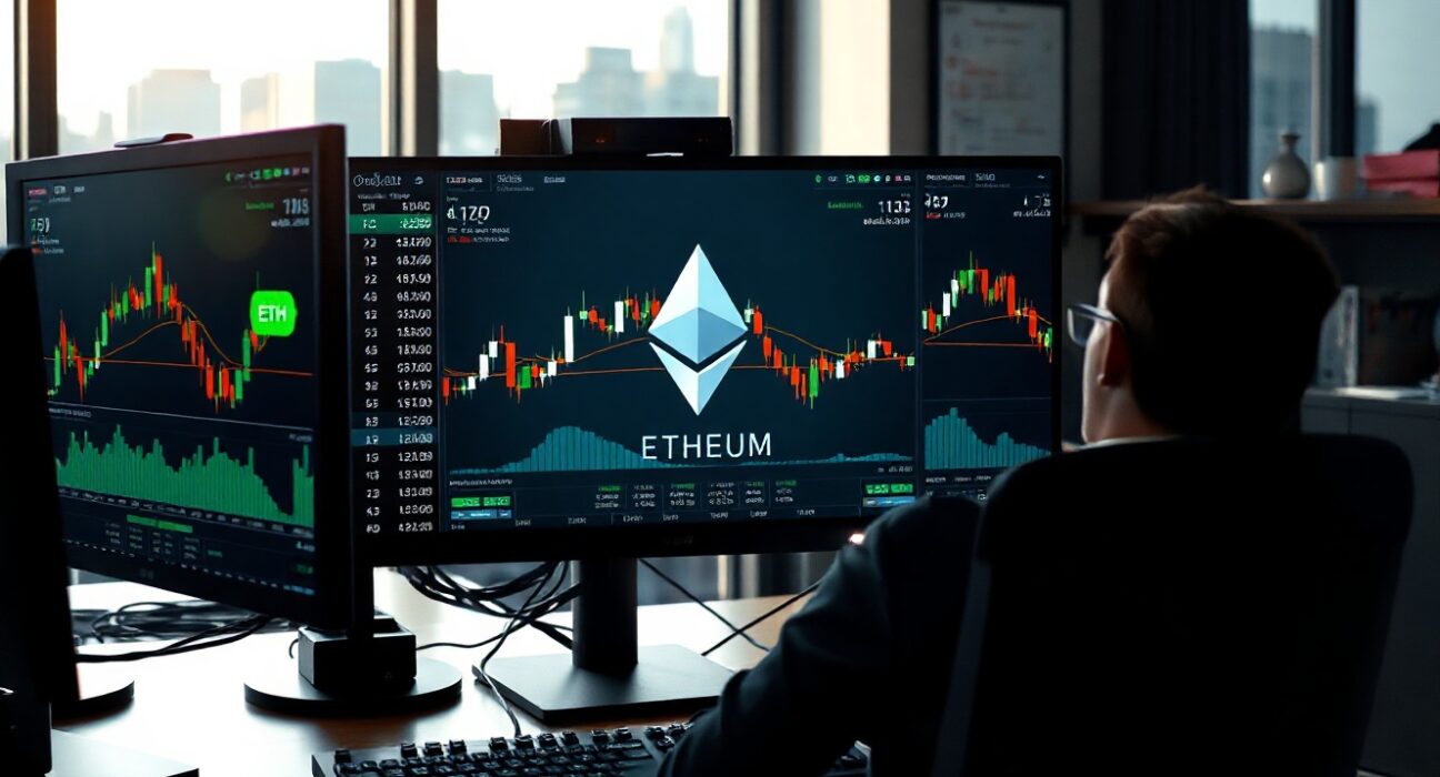 Trading monitors showing Ethereum price charts in a professional financial setting