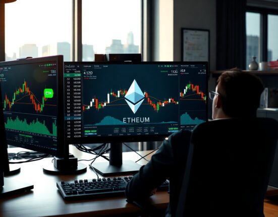 Trading monitors showing Ethereum price charts in a professional financial setting