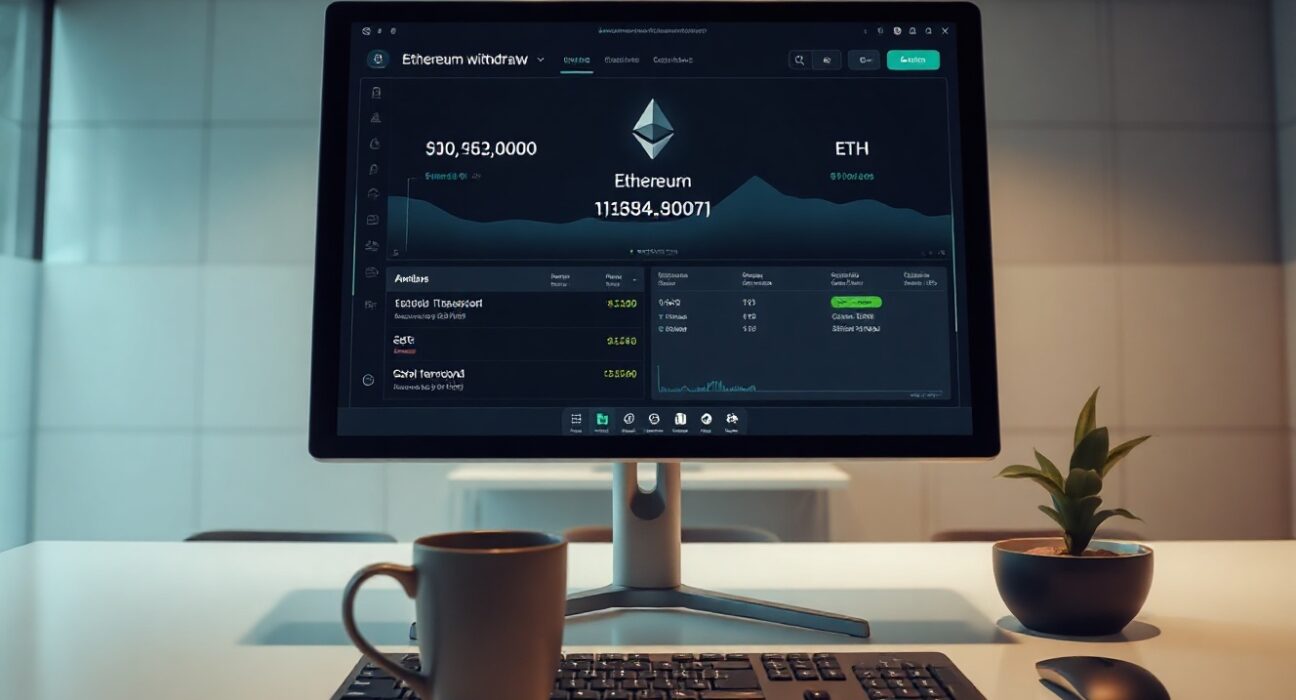 Crypto trading desk monitor showing a large Ethereum withdrawal transaction on a blockchain interface.