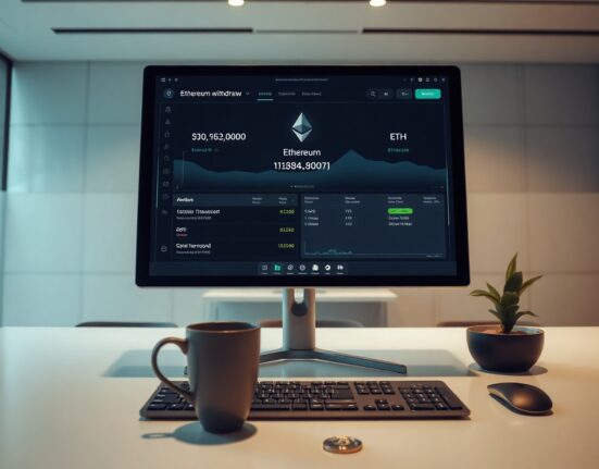 Crypto trading desk monitor showing a large Ethereum withdrawal transaction on a blockchain interface.