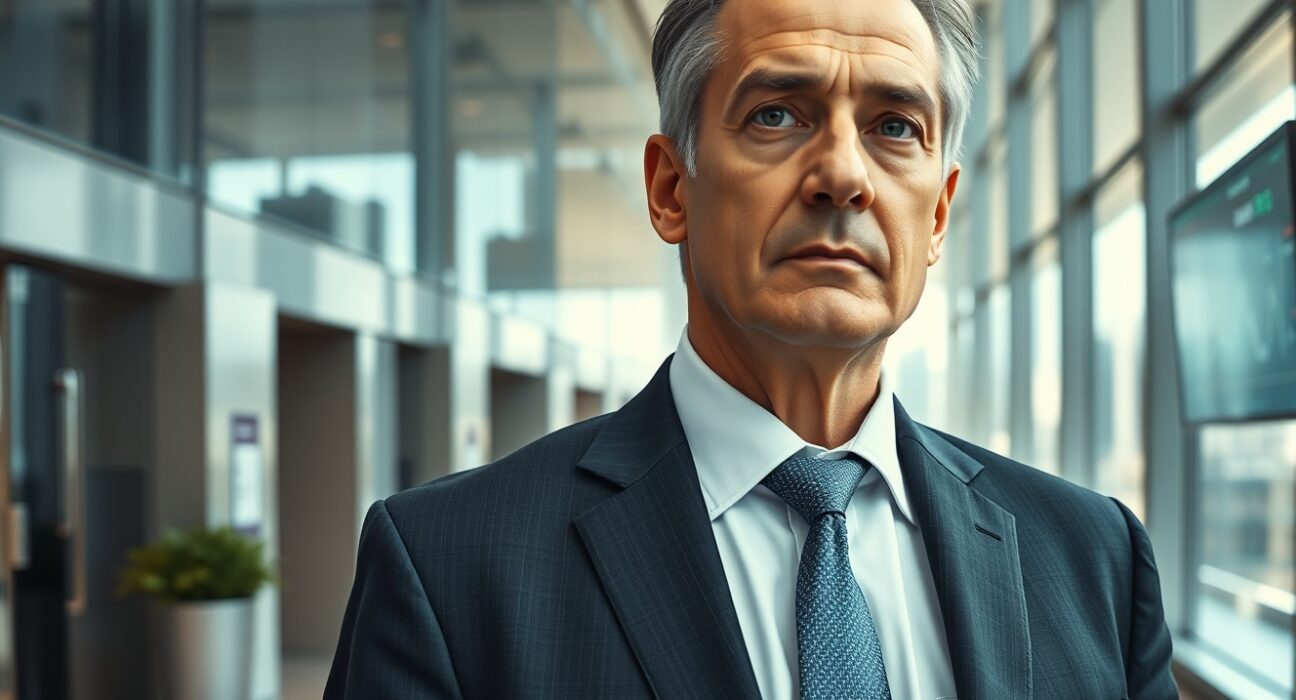 Arthur Hayes, BitMEX co-founder, standing in a modern financial district with a serious expression