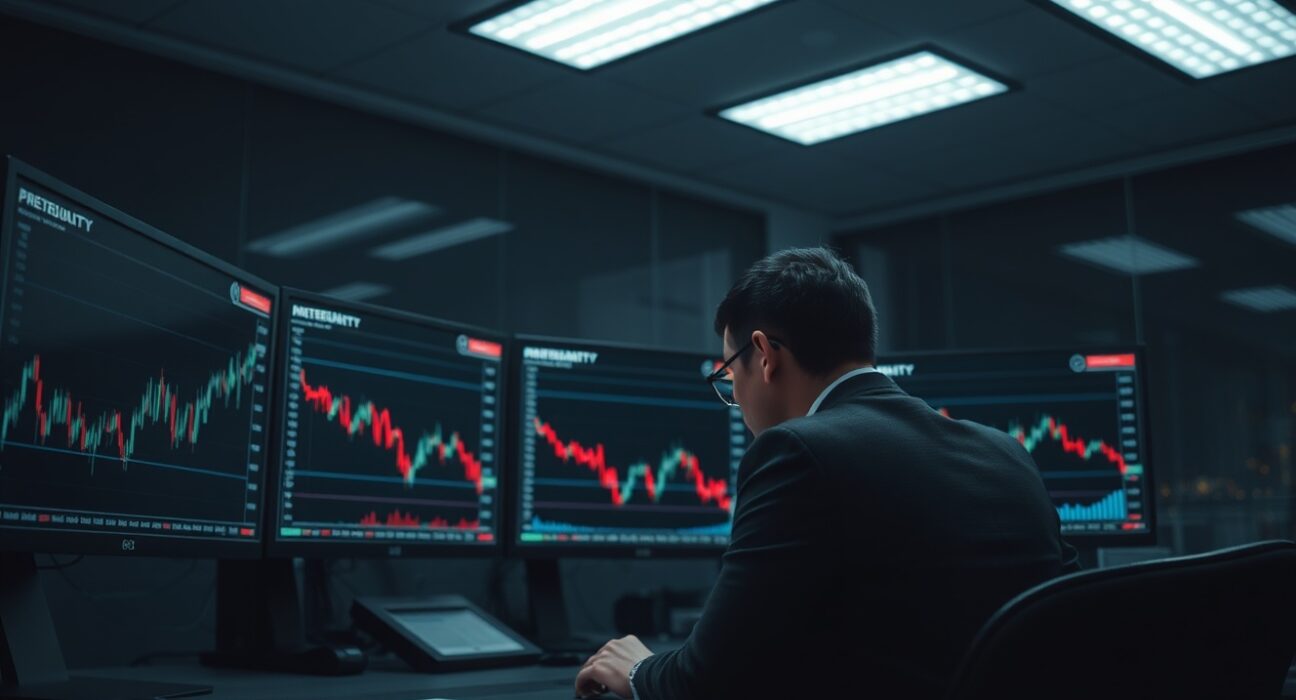 A serious man in a suit sits at a trading desk with monitors showing cryptocurrency charts and red downward trends, representing market manipulation allegations.