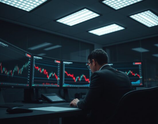 A serious man in a suit sits at a trading desk with monitors showing cryptocurrency charts and red downward trends, representing market manipulation allegations.