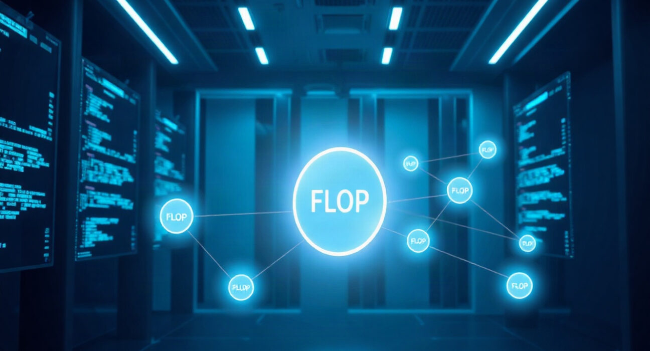 Digital representation of AI agents interacting on a decentralized network with a central glowing node symbolizing the FLOP token