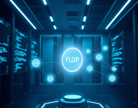 Digital representation of AI agents interacting on a decentralized network with a central glowing node symbolizing the FLOP token