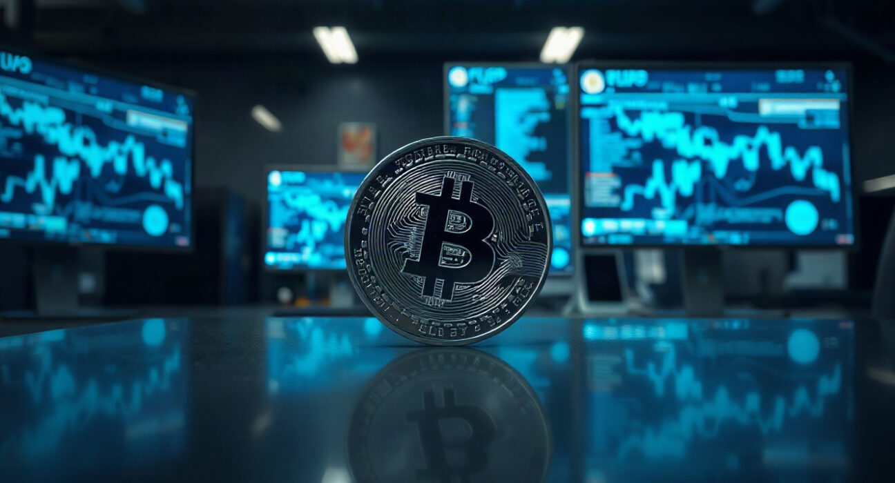 A close-up of a sleek cryptocurrency token with the FLOP emblem on a reflective surface in a high-tech office setting.