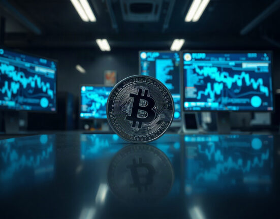 A close-up of a sleek cryptocurrency token with the FLOP emblem on a reflective surface in a high-tech office setting.