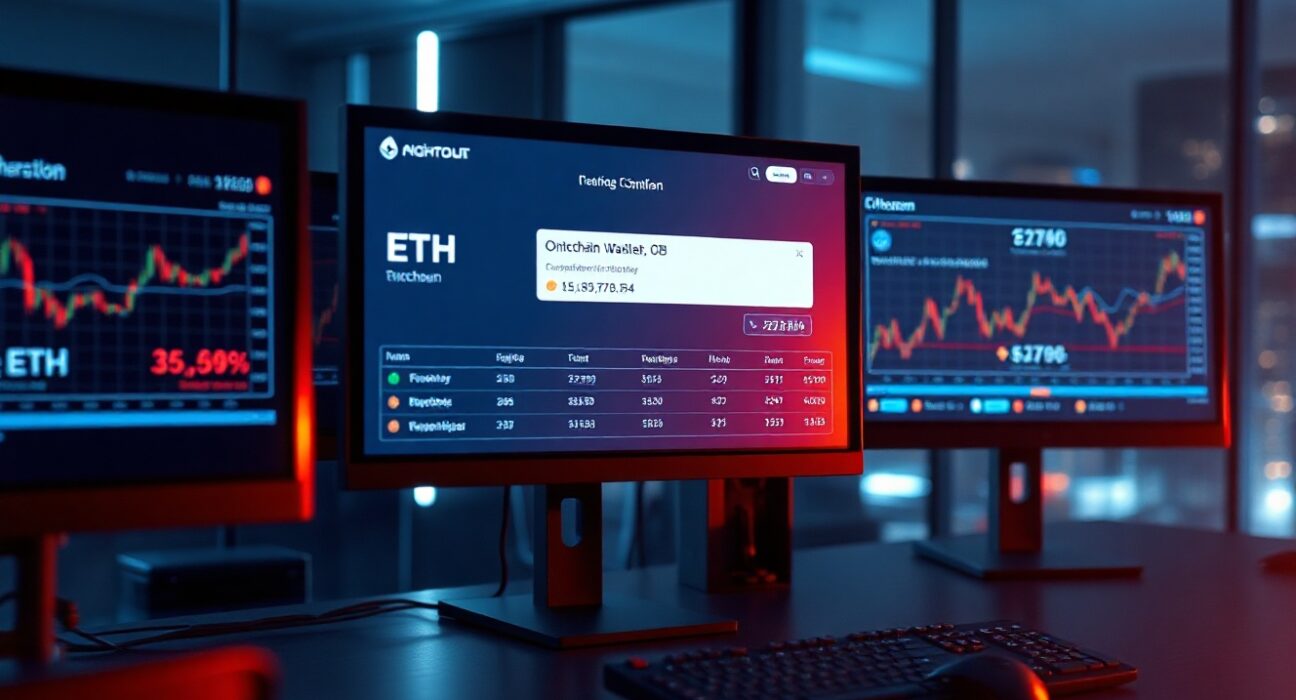 Trading desk monitors displaying Ethereum blockchain transaction data and charts in a professional financial office setting.
