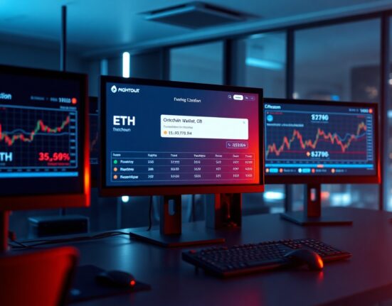 Trading desk monitors displaying Ethereum blockchain transaction data and charts in a professional financial office setting.