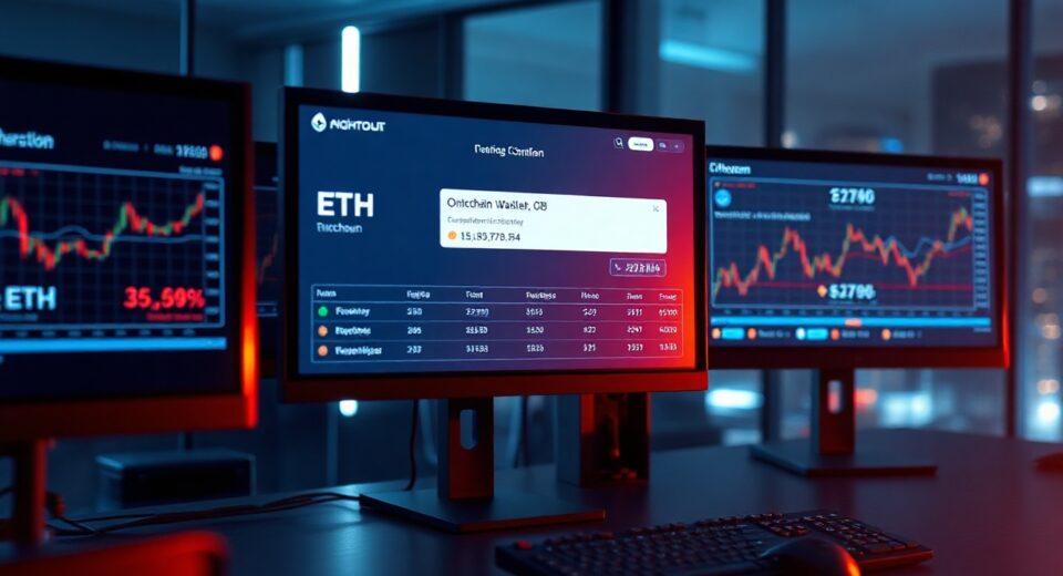 Trading desk monitors displaying Ethereum blockchain transaction data and charts in a professional financial office setting.