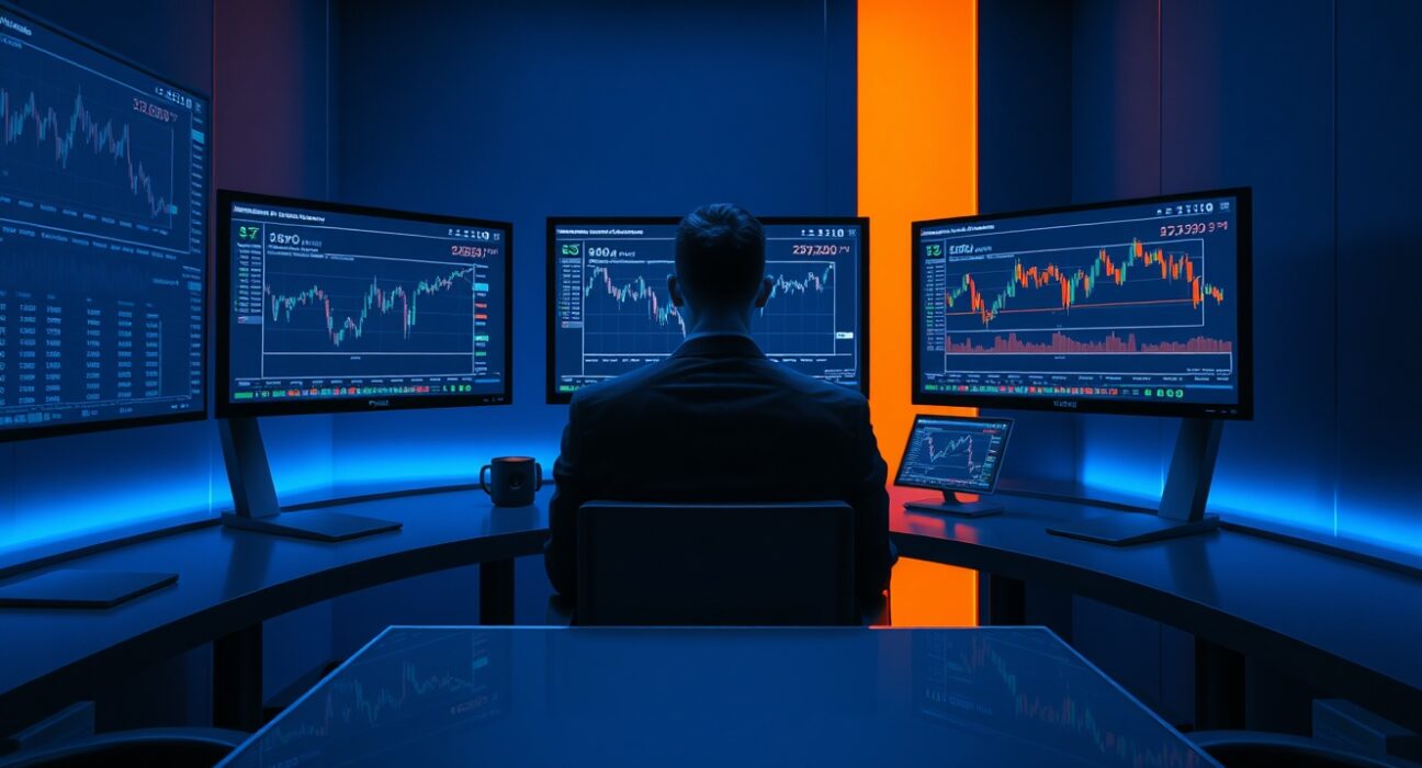 Cryptocurrency trading desk with blockchain transaction data on monitors