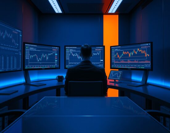 Cryptocurrency trading desk with blockchain transaction data on monitors