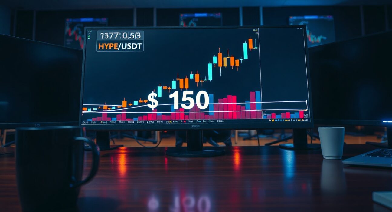 Digital trading monitor displaying HYPE cryptocurrency chart with upward trend and $150 price target