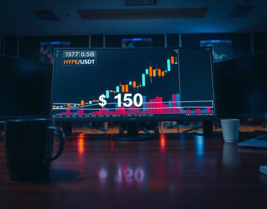 Digital trading monitor displaying HYPE cryptocurrency chart with upward trend and $150 price target