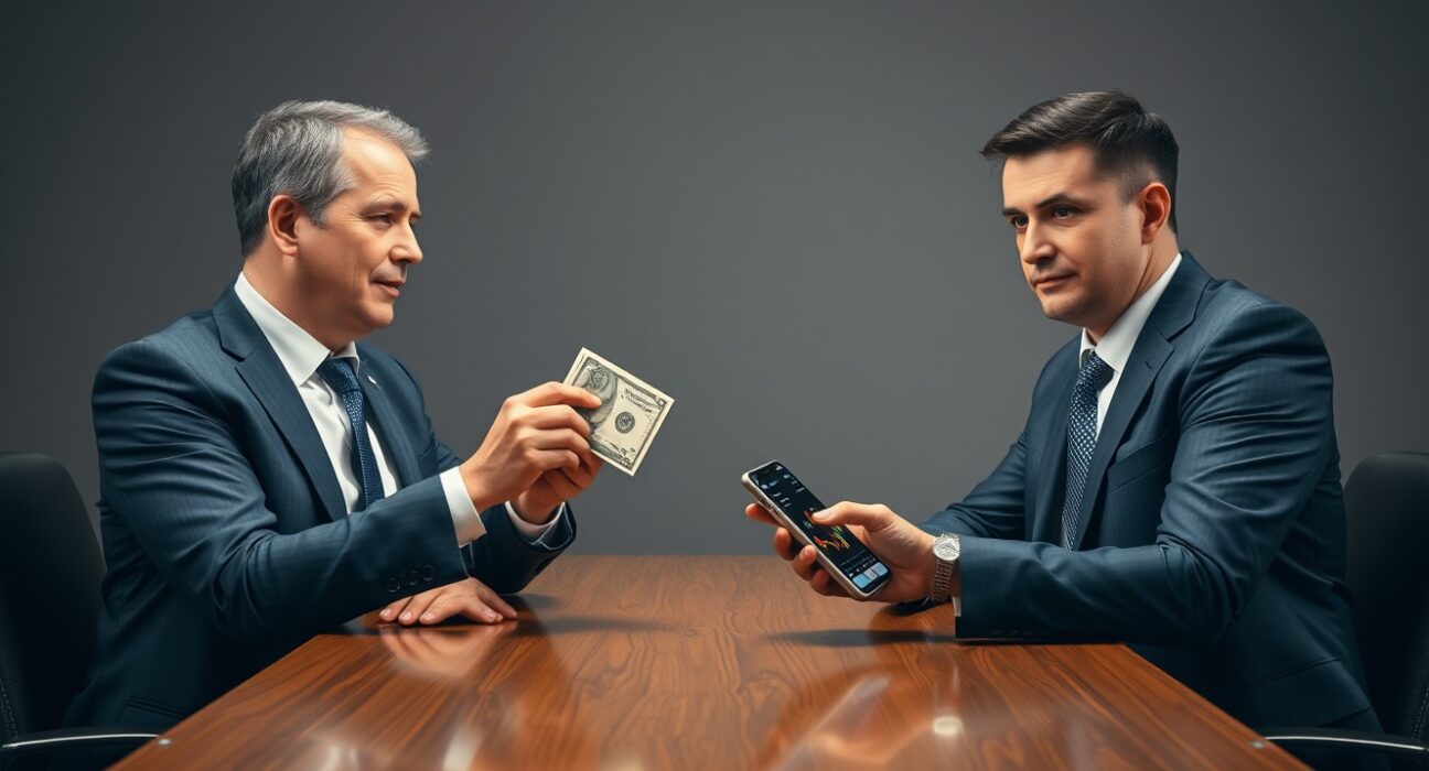 Two businessmen in a newsroom setting with a cryptocurrency bet involving cash and a smartphone showing charts.