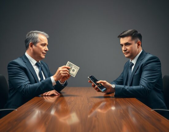 Two businessmen in a newsroom setting with a cryptocurrency bet involving cash and a smartphone showing charts.