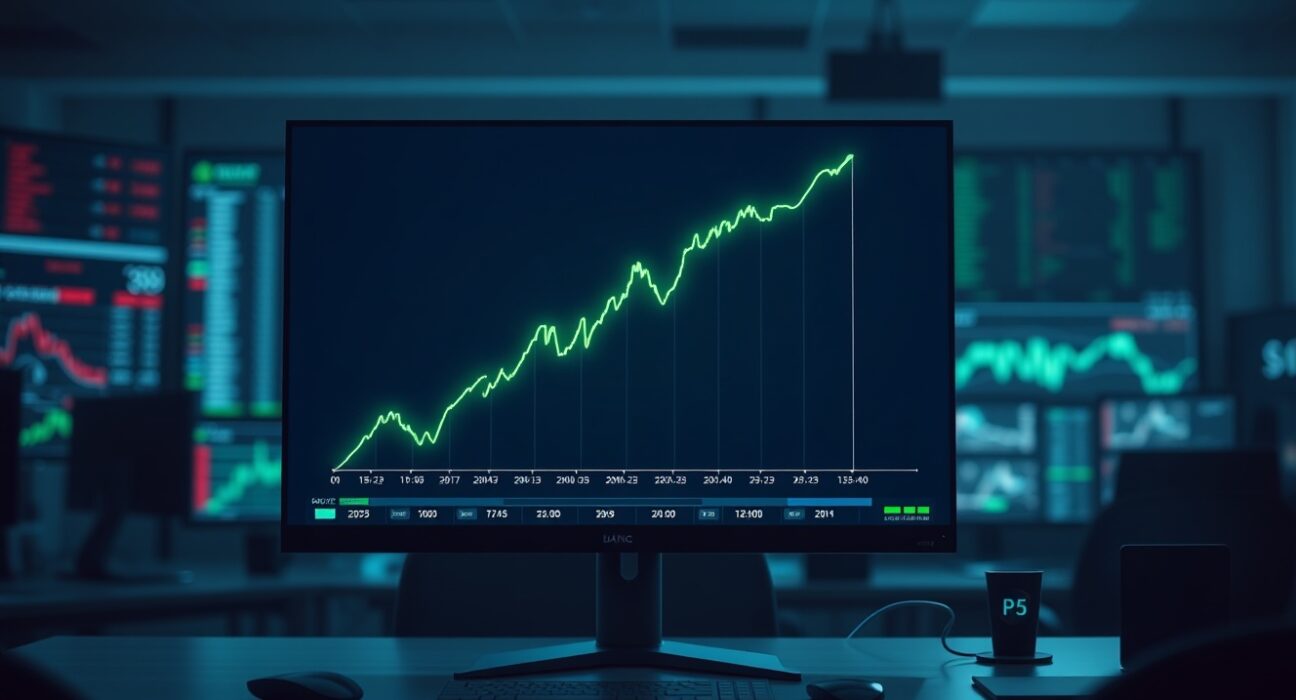 Cryptocurrency price chart showing upward trend on a monitor in a trading office
