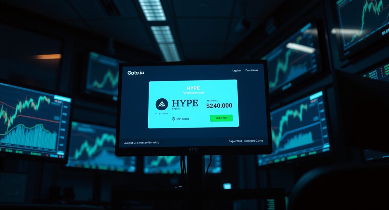 Trading monitors showing HYPE token withdrawal transaction on Gate.io exchange