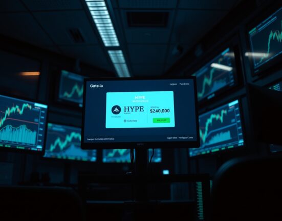 Trading monitors showing HYPE token withdrawal transaction on Gate.io exchange