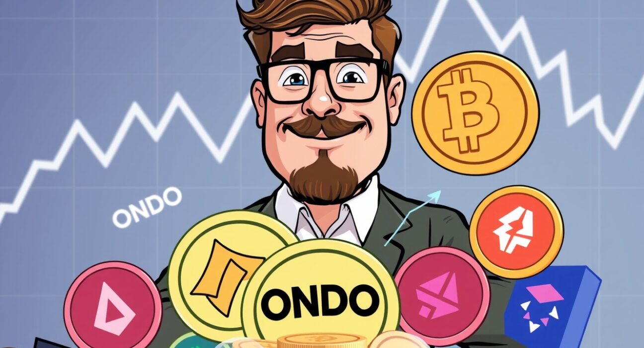 A cartoon illustration of Arthur Hayes confidently overseeing significant ONDO token deposits to crypto exchanges, sparking market discussion.