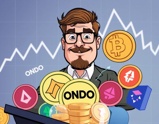 A cartoon illustration of Arthur Hayes confidently overseeing significant ONDO token deposits to crypto exchanges, sparking market discussion.
