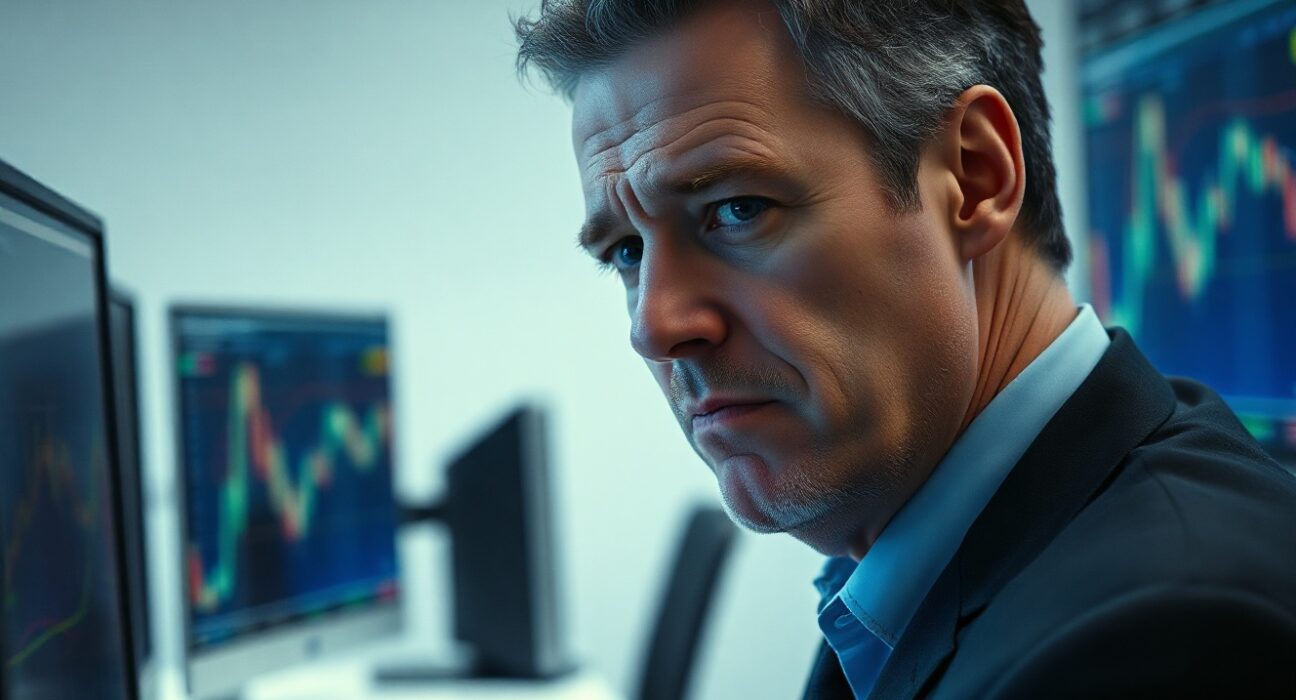 Arthur Hayes looking at a financial trading screen in a modern office.